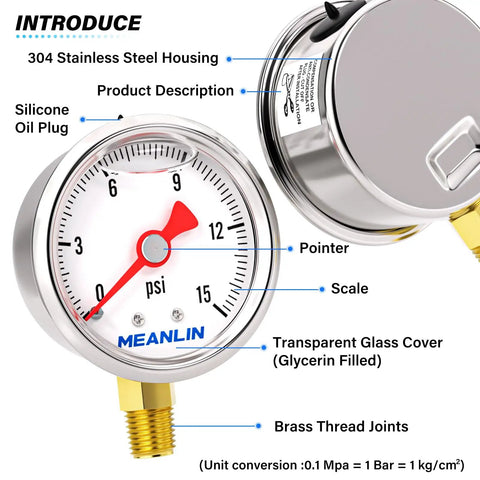 Stainless Steel Liquid Filled Pressure Gauge 0-15 Psi, 1.5 Inch Dial, 1/8 In NPT, Glycerin Filled, Brass Thread Joints