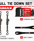 Heavy Duty Retractable Ratchet Straps Two Pack One Inch X Ten Foot Auto Retract Cargo Tie Downs With No Fuss Slick Grip And Hassle Free Quick Lock For Pickup Trucks set with storage bag, two 1'x10' straps, and soft loops.