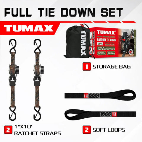 Heavy Duty Retractable Ratchet Straps Two Pack One Inch X Ten Foot Auto Retract Cargo Tie Downs With No Fuss Slick Grip And Hassle Free Quick Lock For Pickup Trucks set with storage bag, two 1'x10' straps, and soft loops.
