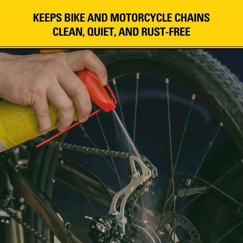 Person using All In One Rust Defense Spray T240 on bicycle chain from 11 oz aerosol can