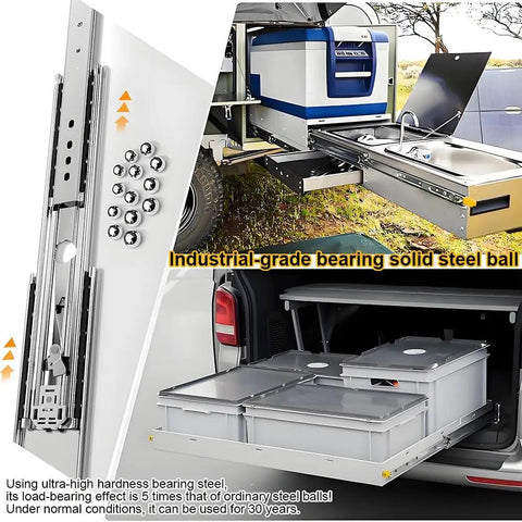 Beefy Heavy Duty 500lbs Drawer Slides with Full Extension Ball Bearing Rails 72 Inch Side Mount Tool Box Glides in use