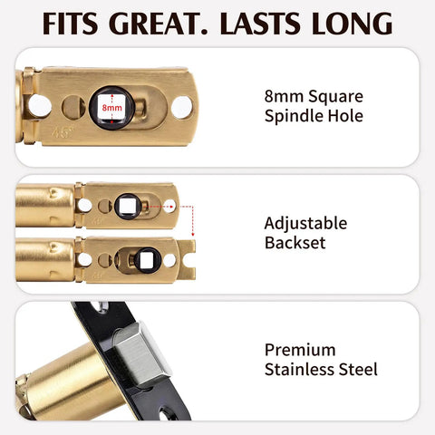 8mm square spindle door latch replacement with adjustable backset, premium stainless steel, smooth operation for doors.
