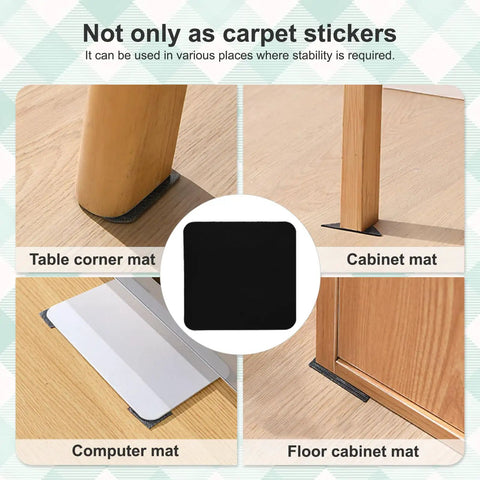 Uses of 12 Pack Non Slip Rug Tape For Floors And Tiles - Reusable Double-Sided Adhesive Carpet Gripper in various placements