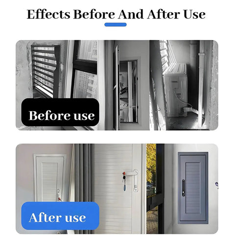 Before and after images of Lockable Drywall Access Panel White Inspection Service Hatch Top Shelf Aluminum Alloy 22By56 Inch.
