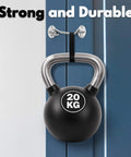 Privacy Hook And Eye Latch For Barn Doors Two Pack Stainless Steel holding 20 kg kettlebell on blue door