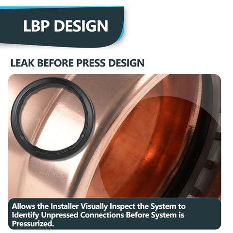 Close-up of 5 Pack Press Fit Copper XL Coupling Reducer Set, showing leak before press design for easy inspection.