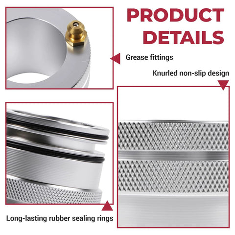 Rawsomes 44mm aluminum wheel bearing greaser kit with knurled non-slip design and rubber sealing rings