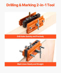 Knockout Self Centering Dowel Drill Jig Kit For Woodworking With Adjustable Width Clamps shown marking and drilling precision holes.