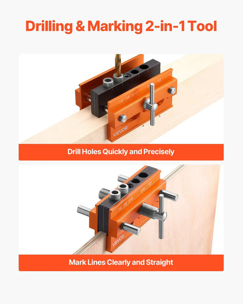 Knockout Self Centering Dowel Drill Jig Kit For Woodworking With Adjustable Width Clamps shown marking and drilling precision holes.