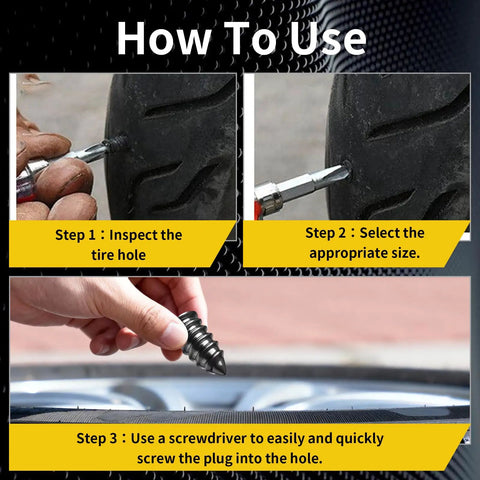 How to use Ultimate Tire Repair Kit with self-sealing rubber nails and screw-in plugs for cars, motorcycles, trucks, tractors.