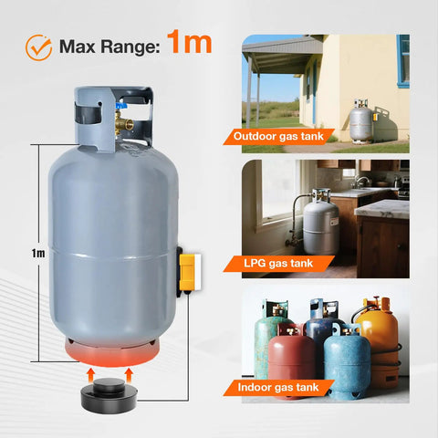 Smart WiFi LPG Tank Level Sensor with high accuracy ultrasonic detection for Tuya Smart Life app, showing tank setup options.