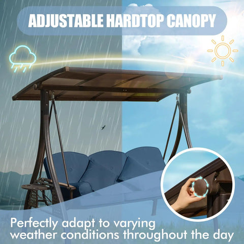 Three Seat Outdoor Patio Porch Swing With PVC Adjustable Hardtop 3 In 1 Convertible Chair For Adults Cushioned Seat Pillows And Cup Holders