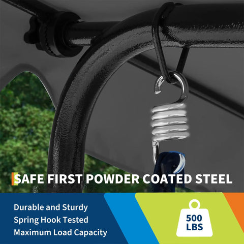 Close-up of Three Person Outdoor Patio Swing Chair With Adjustable Canopy Shade's hook and powder-coated steel frame for 500 lbs support.