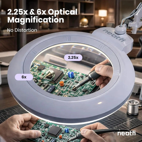 Person using XL Bifocal LED Magnifying Lamp With 7 Inch Acrylic Lens 2.25x And 6x Magnification on circuit board