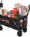Ultra Lightweight Folding Wagon Cart With Wheels One Hand Lift 11 Lb Portable Utility Wagon filled with groceries and flowers.