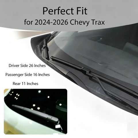 Top Shelf Front And Rear Windshield Wiper Blades For 2024 To 2026 Chevrolet Trax showing 26" driver and 16" passenger blades.