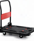 Heavy Duty Folding Hand Truck Dolly With Ergonomic Grip 330 Pound Capacity Rust Resistant Aluminum Frame Portable Moving Cart side view with red handle.