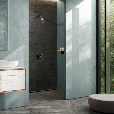 Pressure Balancing Valve Trim Replacement For D 14 Series In Dope Oil Rubbed Bronze Finish installed in modern shower.