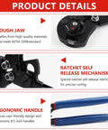 Close-up of Dual Function PEX Crimp Tool Kit With Cinch And Removal, highlighting tough jaw and ergonomic handle details.