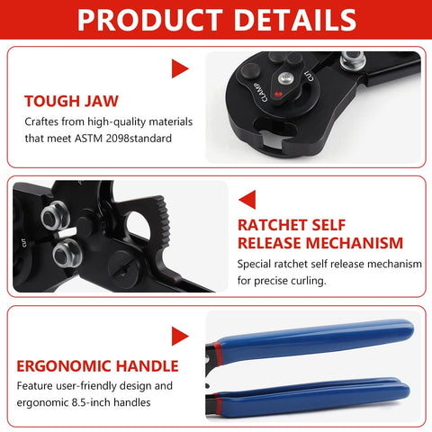Close-up of Dual Function PEX Crimp Tool Kit With Cinch And Removal, highlighting tough jaw and ergonomic handle details.