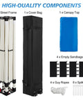 Components of 10x10 Pop Up Canopy Tent With One Button Push Setup, Adjustable Height Instant Portable Shelter, Blue, with accessories
