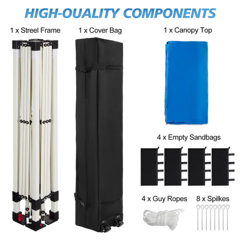 Components of 10x10 Pop Up Canopy Tent With One Button Push Setup, Adjustable Height Instant Portable Shelter, Blue, with accessories