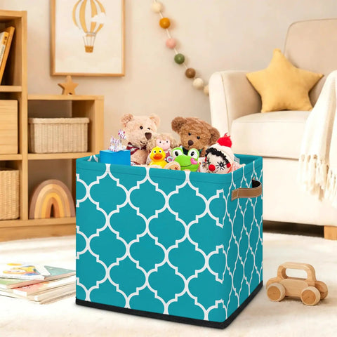 Moroccan Tile Foldable Storage Cube With Slick Reinforced Handles For Clothes And Linens Heavy Duty Waterproof Closet Organizer 13 Inch Shelf Bin For A Total Clean Sweep filled with toys.