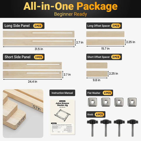 Slick Adjustable Juice Groove Router Jig For Cutting Boards Up To 30 X 23 Inches with side panels and spacers in assembly.
