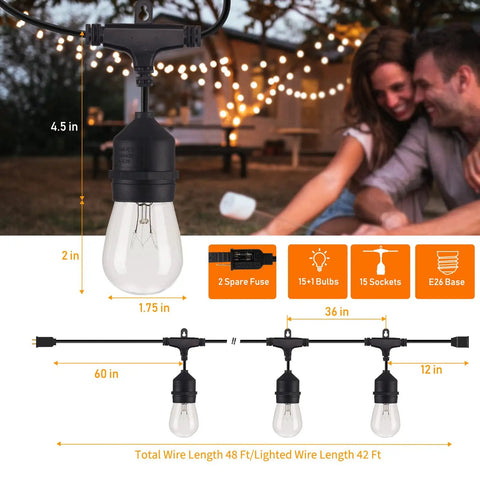 Warm 48 Foot Outdoor String Lights With Vintage Edison Bulbs 15 Bulbs At 11W Waterproof UL Listed Commercial Grade Perfect For Porch