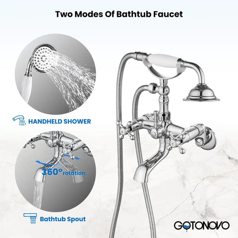 Clawfoot Bathtub Faucet Tub Filler With Handheld Shower Set Victorian Double Cross Handle Polished Chrome
