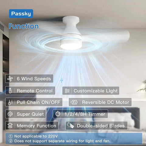 Low Profile 42 Inch Ceiling Fan With Lights Remote Control And Pull Chain Flush Mount Reversible Blades Dimmable LED Five Color Temperature Quiet Noiseless Operation White Finish Ideal For Bedroom showing features of remote, reversible blades, and pull chain.
