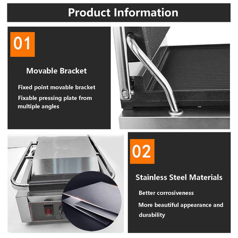 Movable bracket and stainless steel materials of Heavy Duty Commercial Electric Sandwich Maker 2200W Press Grill.