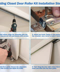Installation steps for 5 Piece Sliding Closet Door Roller Kit With MP6501 Rollers and N 6560 Floor Guide on closet.