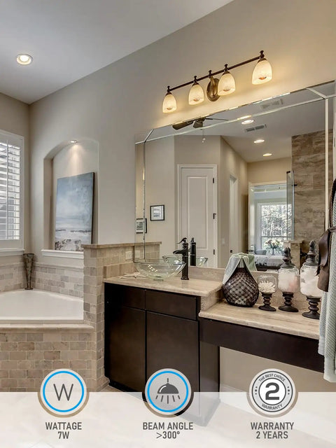 Dimmable G25 Globe LED Bulbs 7W 600 Lumens Anti Glare UL Listed E26 Silver Dipped in bathroom vanity lighting