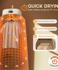 MOJOCO portable clothes dryer, front view with white housing and orange mesh cover; compact apartment/RV dryer