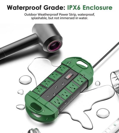 Weatherproof Outdoor Power Strip With Eight Outlets IPX6 Waterproof Extension Cord for Wet Conditions, green in water