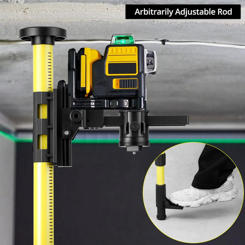 Laser Level Pole Kit For Pros with telescoping pole and mount setup on jobsite ceiling for accurate leveling tasks
