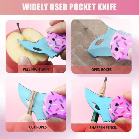 Super Cute Donut Folding Pocket Knife Two Pack Durable Stainless Steel Blades, cutting apple skin and opening boxes.