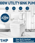 Image of Heavy Duty 1 HP Under Sink Pump With Automatic PCB Upflush System, showing 800W motor and 2200 GPH capacity in a bathroom setting.