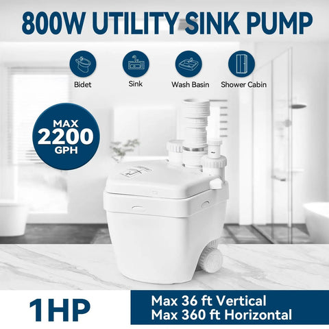 Image of Heavy Duty 1 HP Under Sink Pump With Automatic PCB Upflush System, showing 800W motor and 2200 GPH capacity in a bathroom setting.