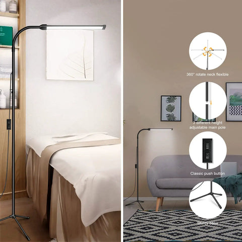 Portable Lash Light With Tripod Base For Lash Extensions, lightweight lamp next to a treatment bed and living room setup