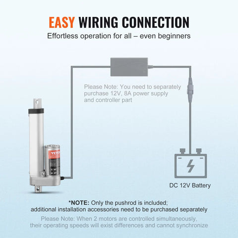 VEVOR 12V linear actuator wiring diagram with mounting bracket, DC battery, and control box.