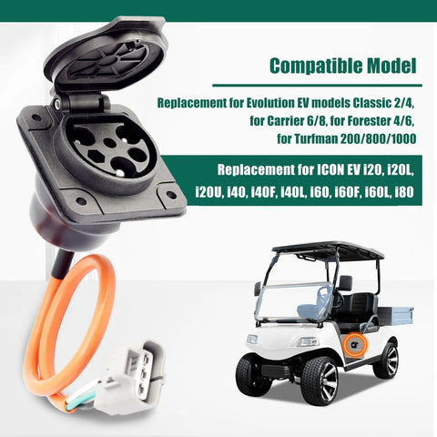 Top Tier Electric Golf Cart Charger Receptacle Head Replacement For Evolution Powersports Advanced Ev And Aeric, 3 Pin charging socket with orange wire.