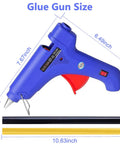 Image of a blue glue gun with dimensions labeled: 7.67 inches tall, 6.49 inches long, and glue sticks shown at 10.63 inches.