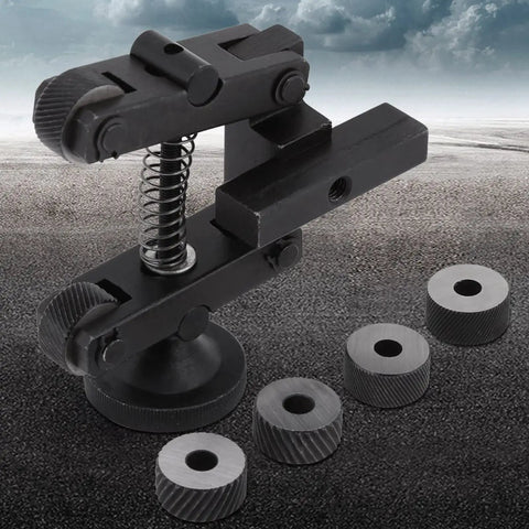Gnarly Knurling Tool For Metal Lathe With Adjustable Holder And Four Spare Knurling Wheels on textured surface