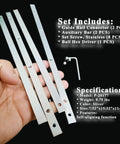 Guide Rail Connector Set For Track Saws Self Aligning in hand showing components: connectors, auxiliary bars, screws, hex driver.
