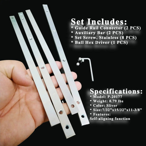 Guide Rail Connector Set For Track Saws Self Aligning in hand showing components: connectors, auxiliary bars, screws, hex driver.
