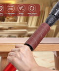 Handheld Rubber Sanding Drum Set With 120 Grit Sleeves Plugs Into Any Power Drill for smoothing wood in use on table edge.