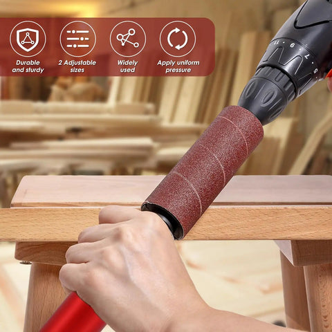 Handheld Rubber Sanding Drum Set With 120 Grit Sleeves Plugs Into Any Power Drill for smoothing wood in use on table edge.