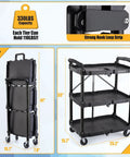 Portable Folding Service Cart With Three Tiers, 330 Lbs Capacity, Rolling Utility Cart On Wheels For Warehouse, Home, Shop